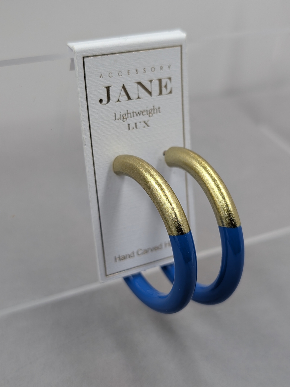 Accessory Jane LUX Hand-Carved Horn Blue Gold Hoop Earrings NWT | 0929